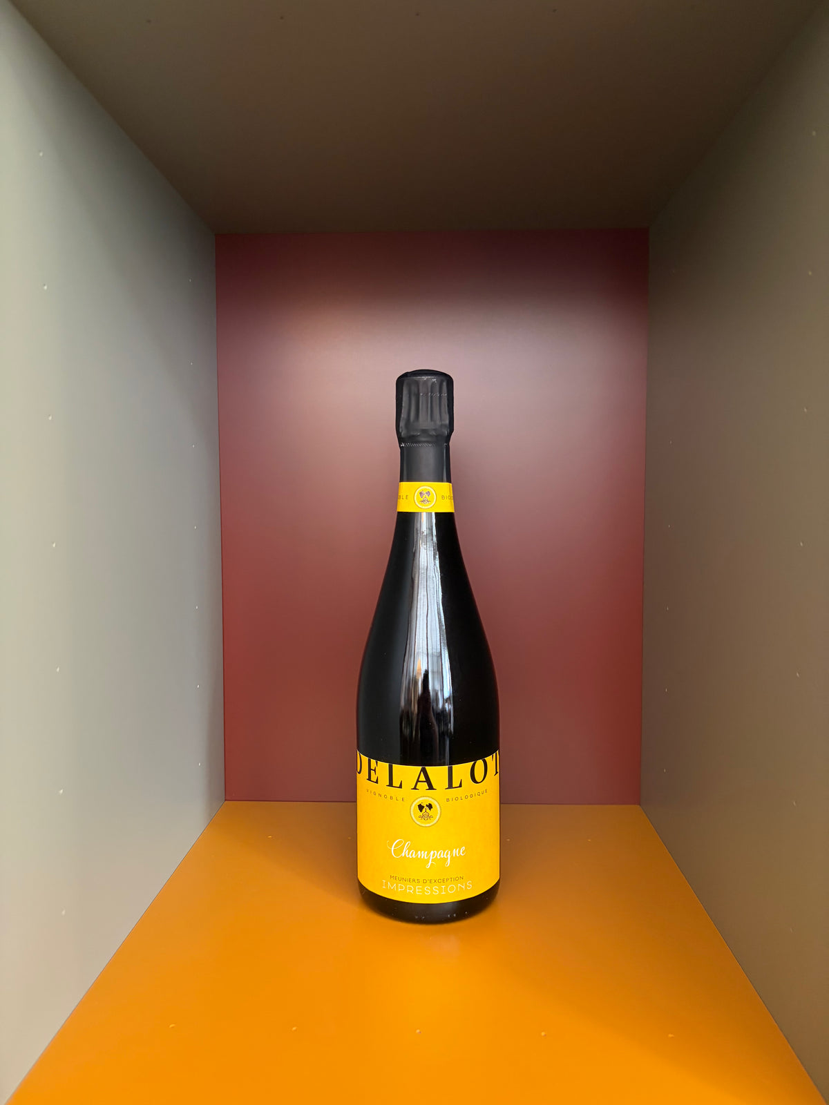 Éliane Delalot Champagne bottle with yellow label and black foil