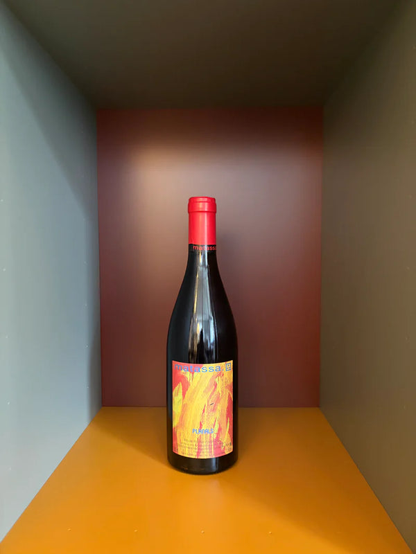 Wine bottle with red foil cap and colorful printed label