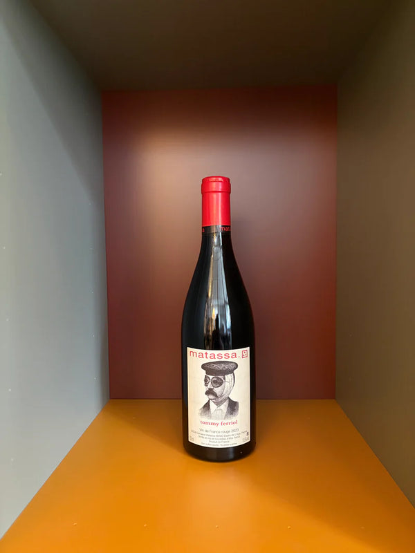 Matassa Brutal Rouge 2025 wine bottle with red cap and illustrated label