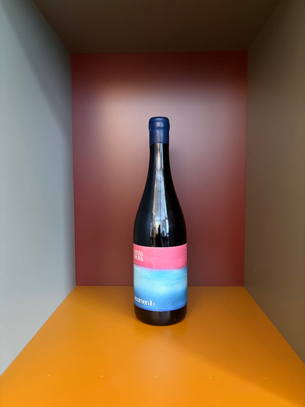 Wine bottle with dark glass, blue label, pink band, and blue cap