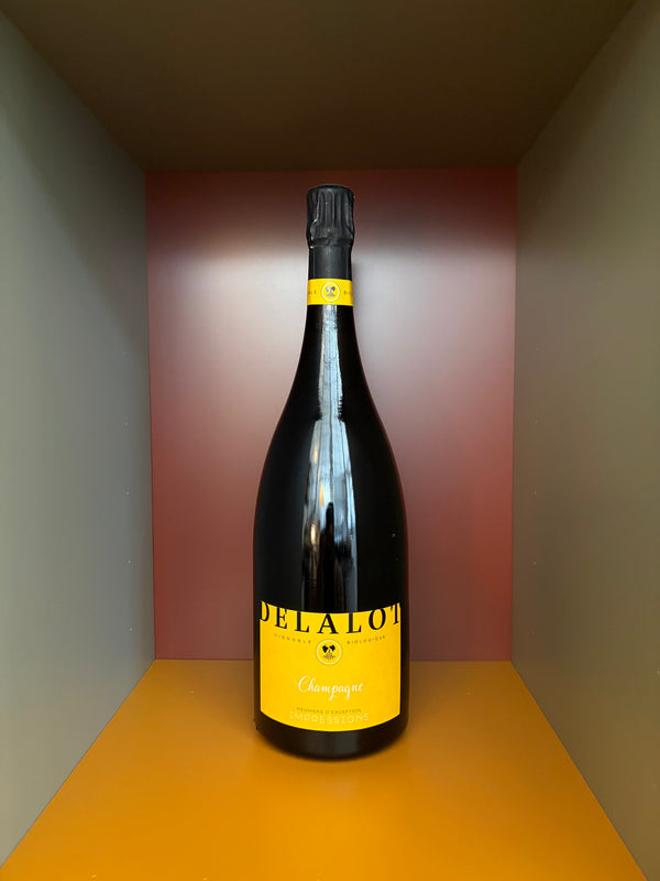Magnum champagne bottle with dark glass and yellow label, Eliane Delalot Impressions Zero Dosage