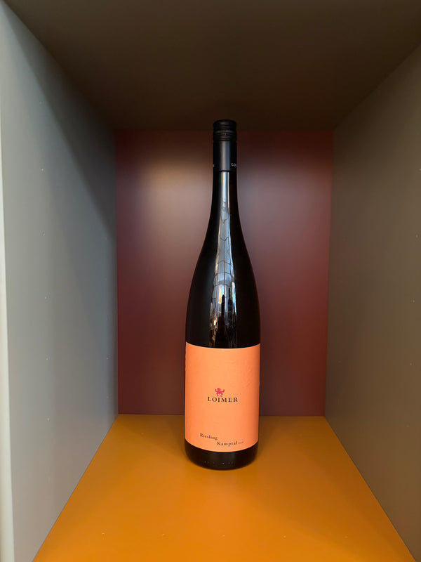 Fred Loimer Riesling wine bottle with black cap and orange label