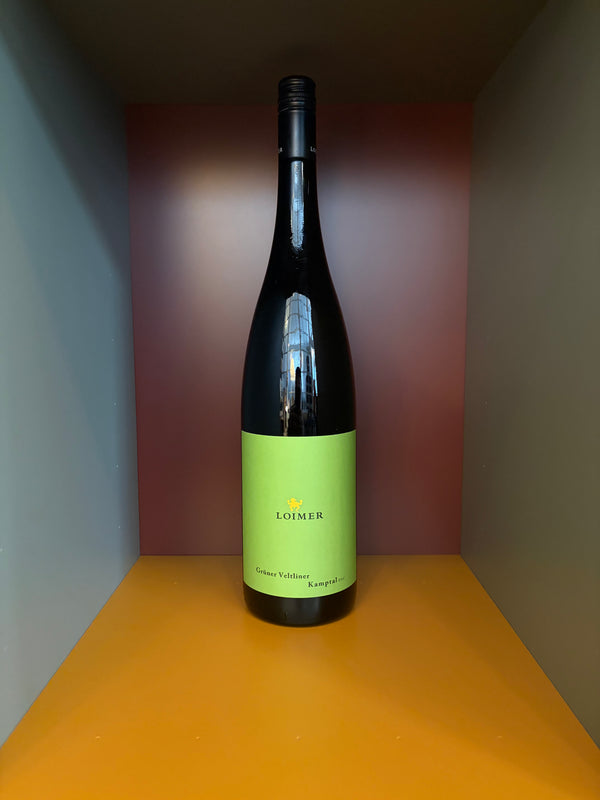 Magnum wine bottle with green Fred Loimer label